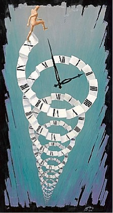 Man walking on spiral with clock